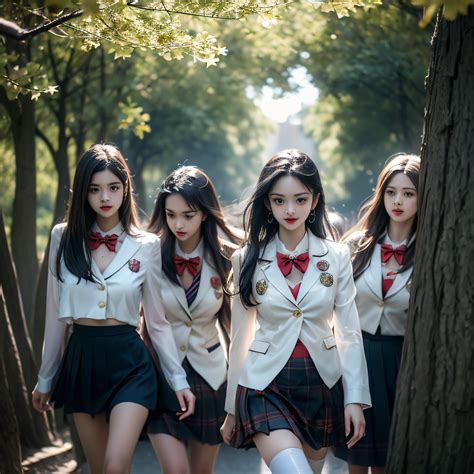 Three girls in school uniforms walking down a path in a park - SeaArt AI