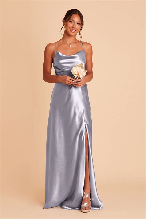 Lisa Long Satin Bridesmaid Dress in Dusty Blue | Birdy Grey | Dusty