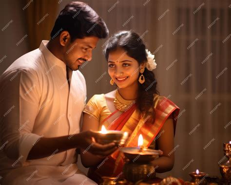 Premium Photo | Indian marathi couple lighting oil lamp celebrating ...