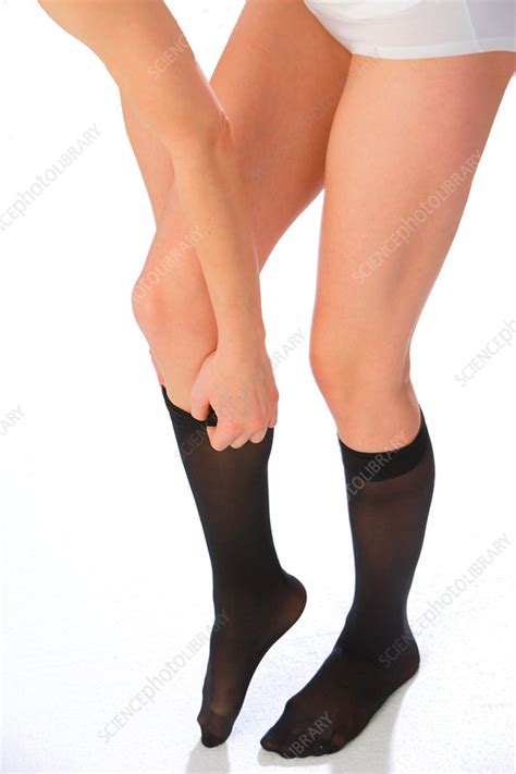 woman wearing support socks stock image  science photo