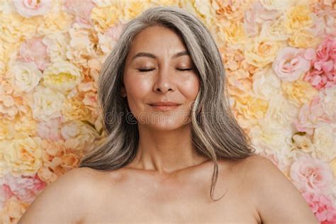 Smiling Mature Topless Woman Standing Posing Stock Image - Image of
