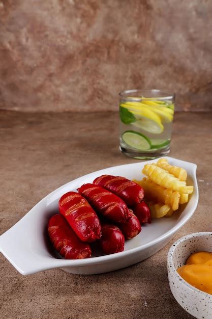 Premium Photo | Sosis bakar grilled sausage with sauce and side dish