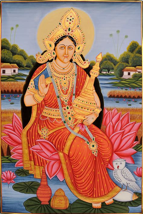 goddess lakshmi watercolor painting  wealth pot  owl exotic