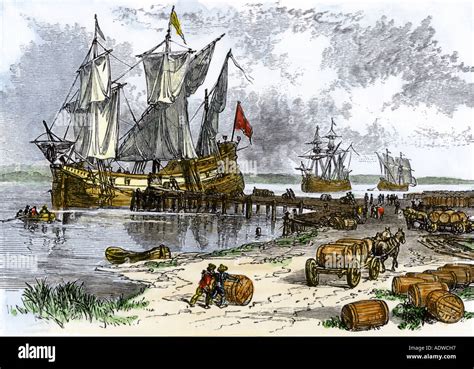 Sailing ships loading tobacco at Jamestown in Virginia Colony 1600s ...