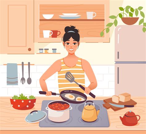 A housewife cooks food in the kitchen. The process of cooking in a home
