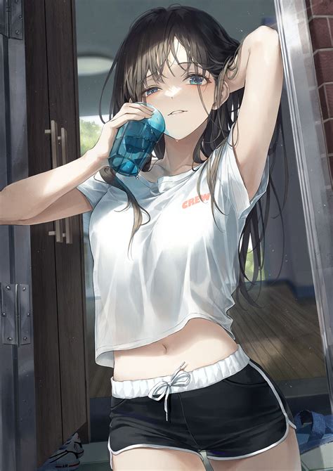 belly, blue eyes, dark hair, R O Ha, anime, anime girls, short shorts