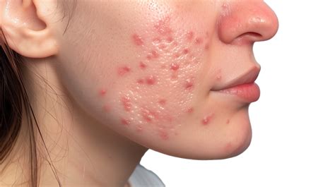 close   womans face  multiple acne spots  isolated