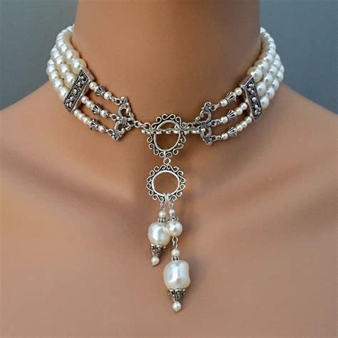 pearl choker necklace set victorian great gatsby style elegant etsy