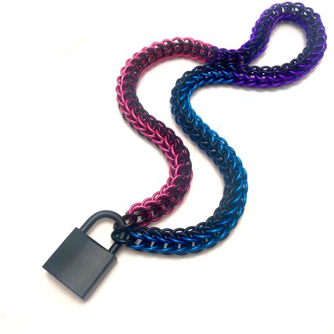Unisex BDSM Slave Collar Black and Bi Pride Colors Chainmail Choker