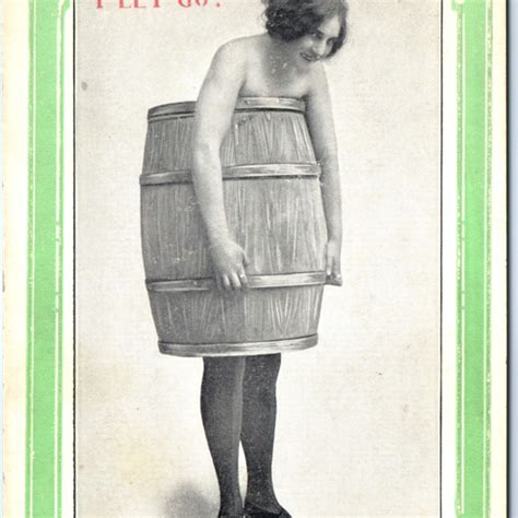 c1910s Risque Freaky Girl Topless in Barrel Let Go? Litho Photo Pinup