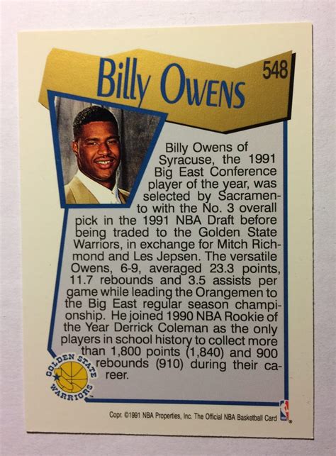 1991-92 Hoops #548 Billy Owens NBA Draft Rookie – Cataloged Clutter