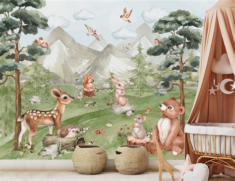 Woodland Wallpaper Nursery, Forest Wallpaper Peel and Stick, Watercolor