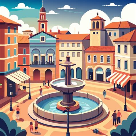cartoon illustration   city   fountain  people walking