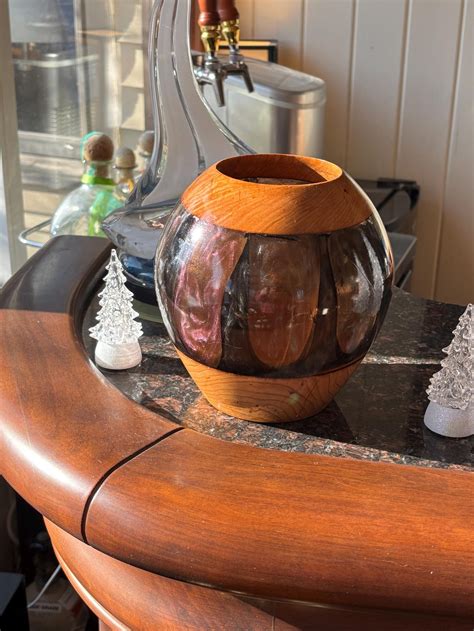 Unique Doubled Turned Cherry Wood Vase & Unique Multi Color Resin