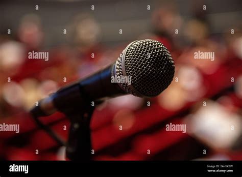 Microphone close-up in a conference auditorium, positioned for ...