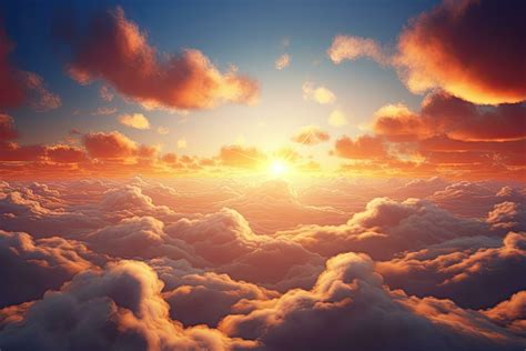 Beautiful aerial view above clouds at sunset. 3d render illustration ...