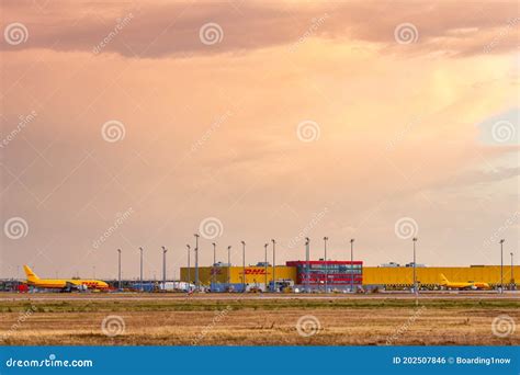 dhl hub leipzig halle lej airport airplane  germany editorial photo