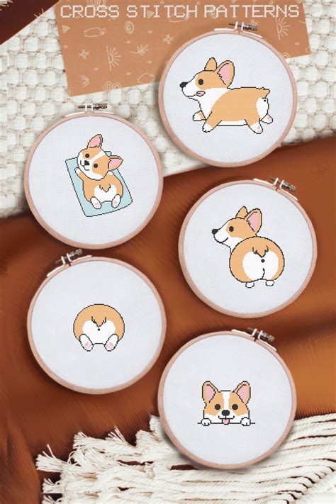 Set of 5 Different Corgi, Cross Stitch Templates in PDF Format, Cross