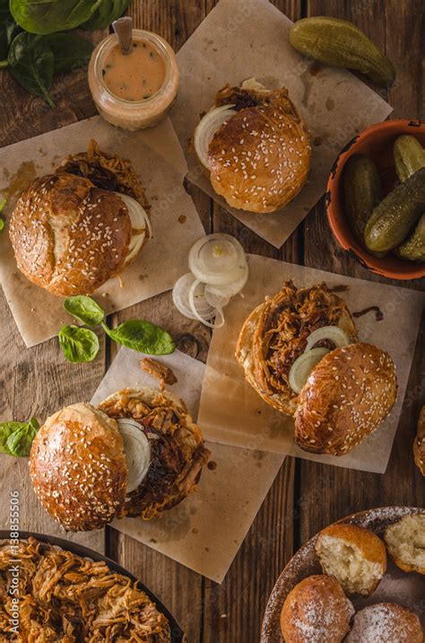 Barbecue pulled pork burger Stock Photo | Adobe Stock