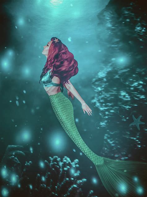 A beautiful mermaid is swimming to the sea surface from the bott ...