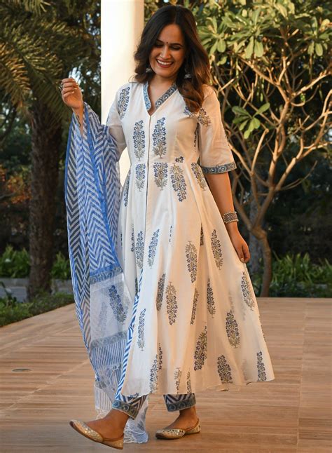 womens white printed cotton kurta set collection dwija fashion