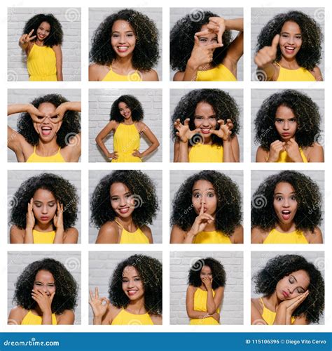 Facial Expressions of Young Black Woman on Brick Wall Stock Photo