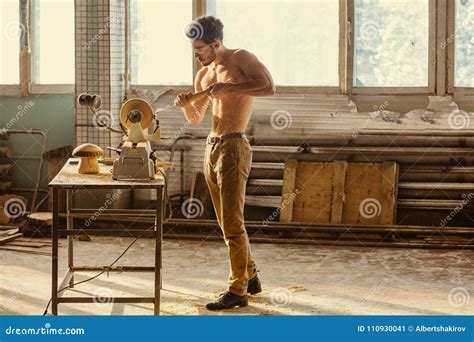 Wood Lathe. Carpenter Lathing Wood Stock Image - Image of male