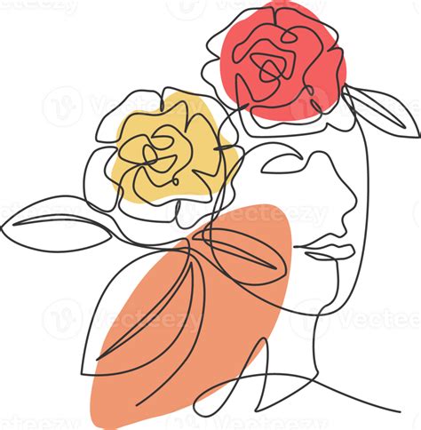 One single line drawing abstract face with natural flowers illustration