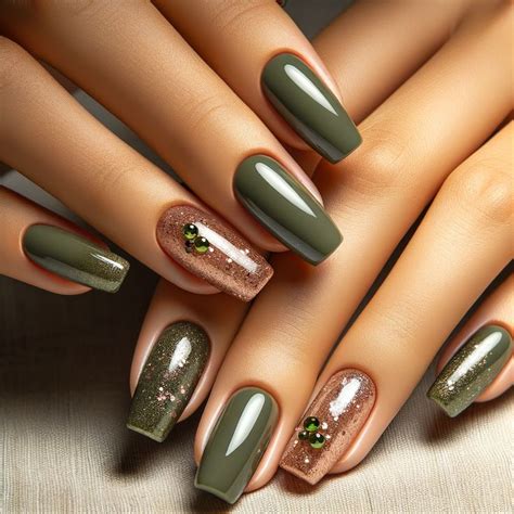 glamorous olive green nails  sparkling glitter accents green