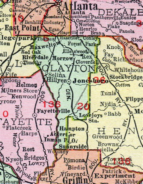 Clayton County, Georgia, 1911, Map, Rand McNally, Jonesboro, Forest ...