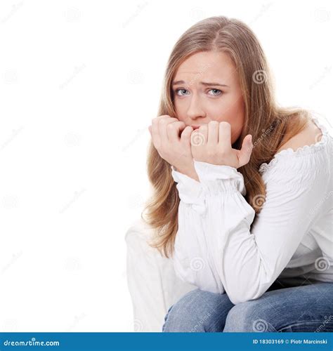 Stressed Young Woman Eating Her Nails Stock Image - Image of adult