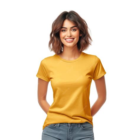 Premium AI Image | A woman wearing a yellow shirt with a black logo on it.