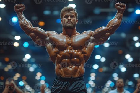 AI generated A bodybuilder on a competition stage, striking a classic
