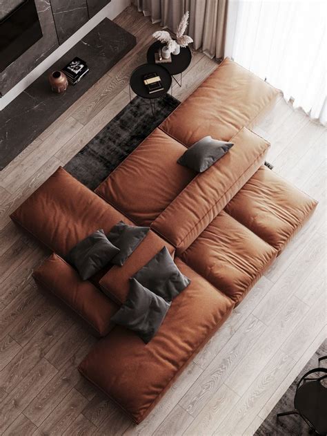 a living room filled with furniture and a fire place in the corner on ...