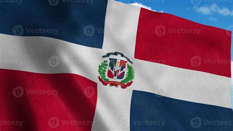 Big Dominican Republic flag waving in the wind, blue sky background. 3d