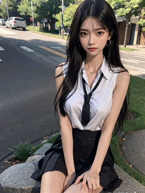 Araffe asian woman in a school uniform sitting on a rock - SeaArt AI