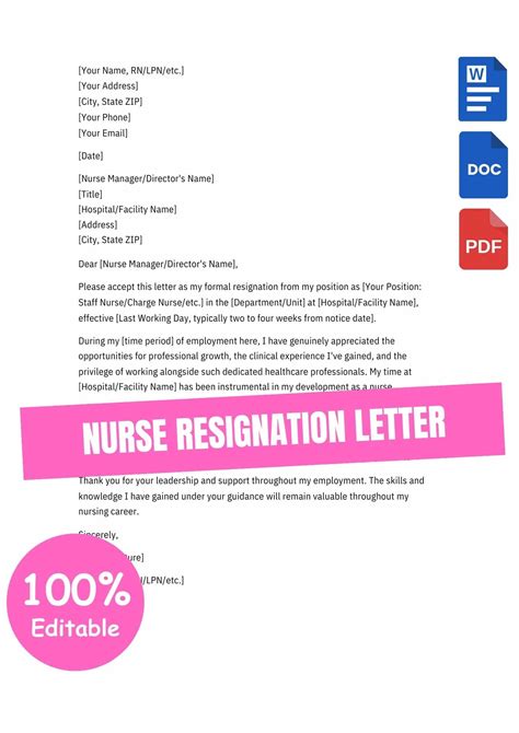 Editable Nurse Resignation Letter PDF/Google Docs/Word