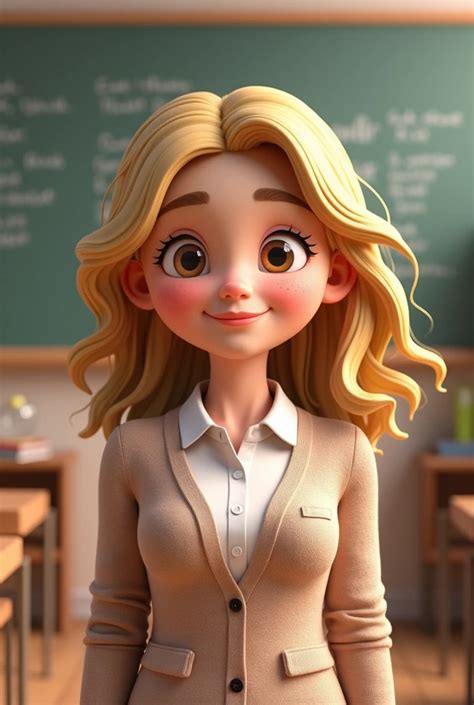 Animated 3d Cute chubby teacher dark blonde wavy hair school background ...