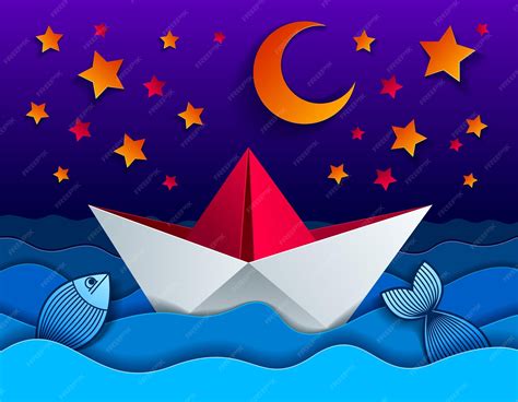 Premium Vector | Origami paper ship toy swimming in the night with moon