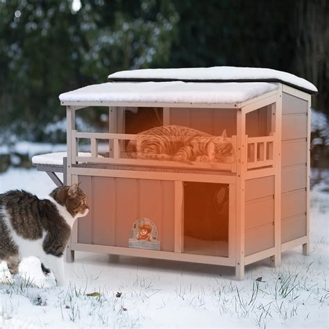 2-Tier Insulated Cat House, Outdoor Warm Wood Cat Shelter with Sunlight