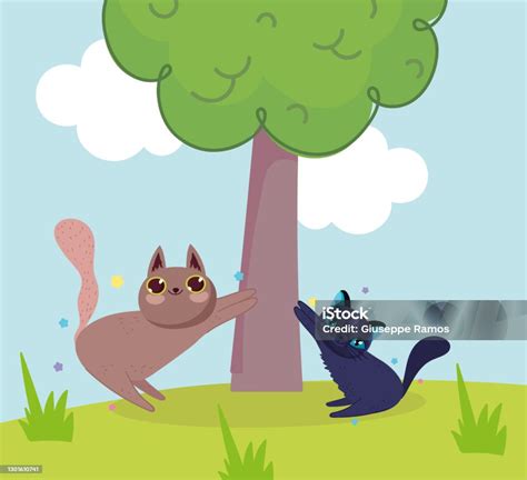 kucing lucu bermain  pohon  kartun rumput ilustrasi stok