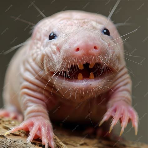 Closeup portrait of a naked mole rat with its mouth open and showing