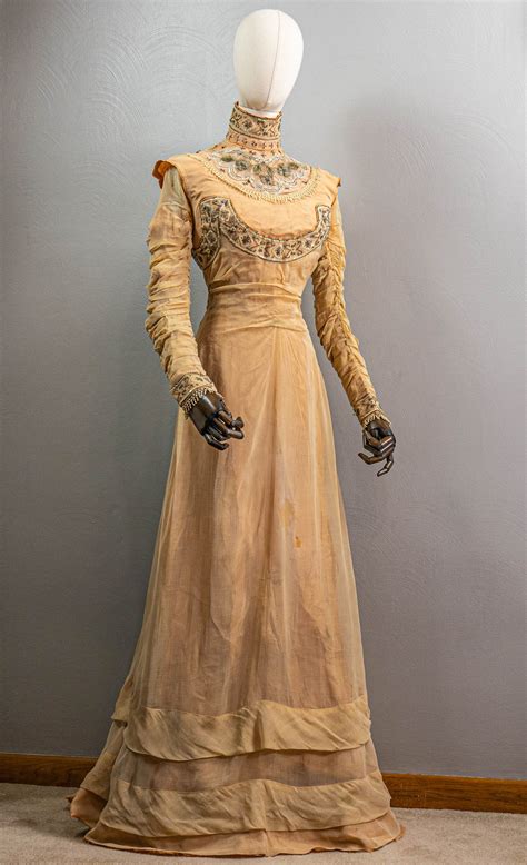 Vintage Edwardian Antique Orange Organdy Gown With Train Beading | Shop