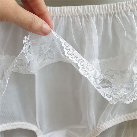 Vintage Sheer Nylon Panty Sissy White Floral Lace Granny Brief Size 7