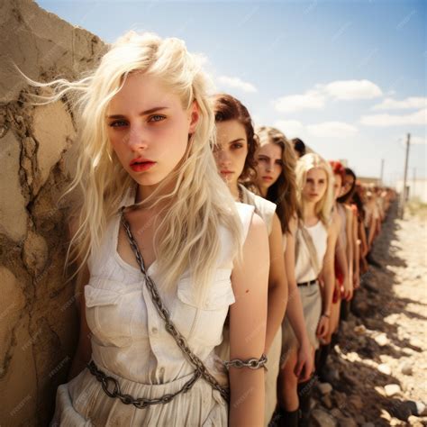 Beautiful girls hostages captives slaves in shackles and chains work as