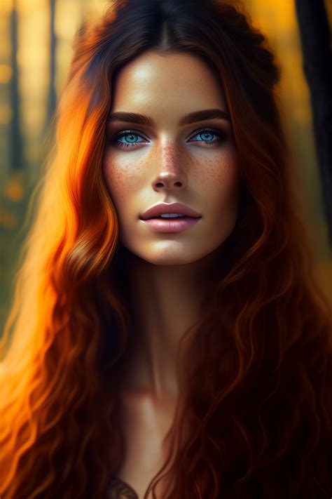 Lexica - Brunette, wild hair, orange eyes, freckles, forest woman, 8k