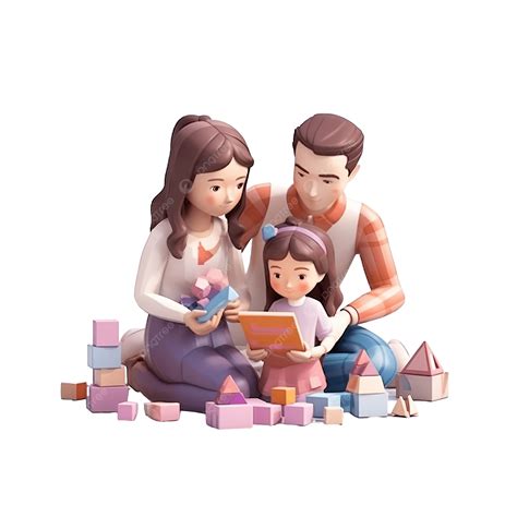 3d Render Father Mom And Daughter Playing Together Illustration, 3d