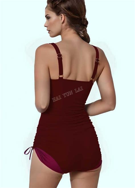 Deep Red Swimwear Black Mesh Fabric Covering the Waist for Sexy Plus
