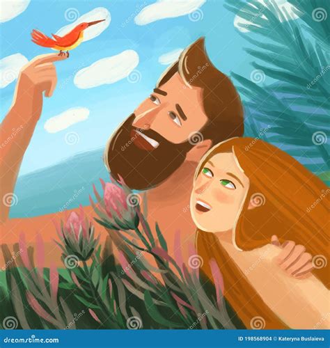 Bible Illustration about Adam and Eve in Eden Garden Stock Illustration