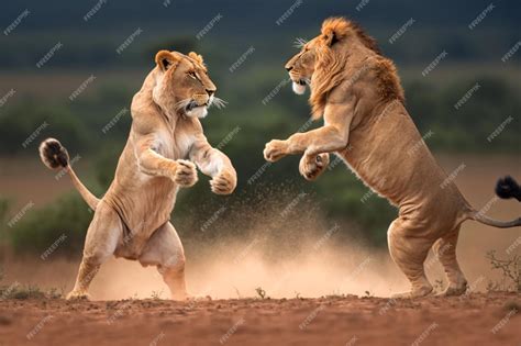 Premium Photo | Two lions fighting with each other in a field Generative AI